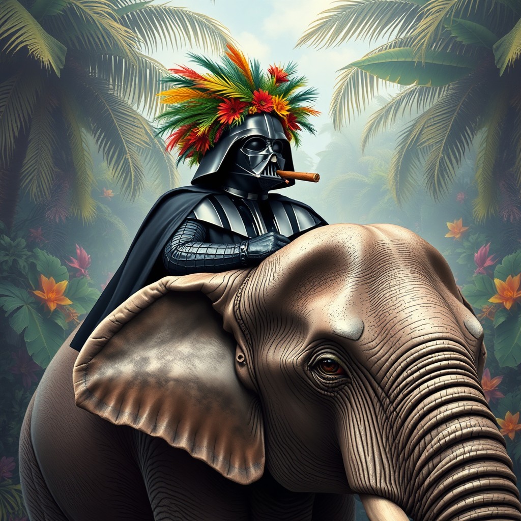 An imaginative scene featuring Darth Vader, humorously portrayed, riding a large elephant
