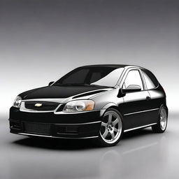 A high-quality digital render of a 2003 Chevrolet Celta, modified with a widebody kit and painted in a sleek black color