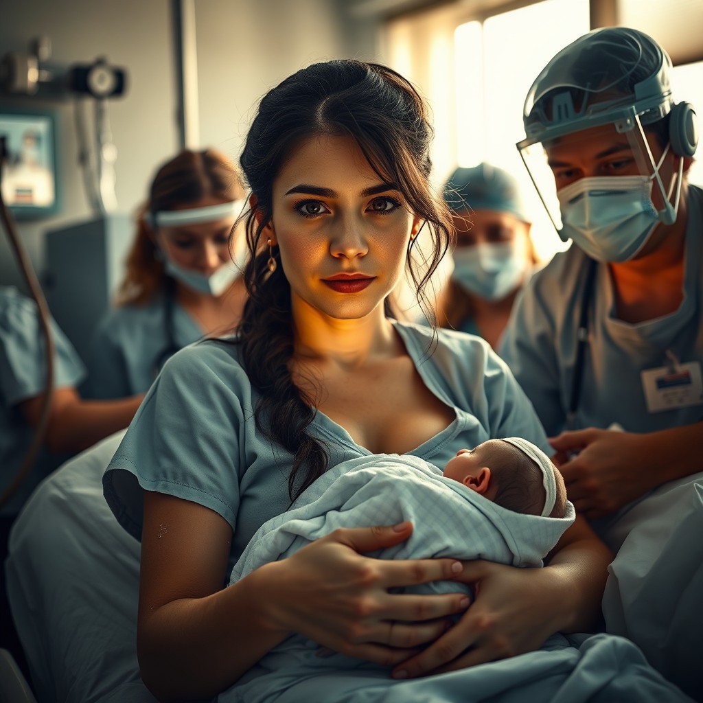 A dramatic and emotional scene depicting an 18-year-old, a young woman in a hospital setting, experiencing childbirth