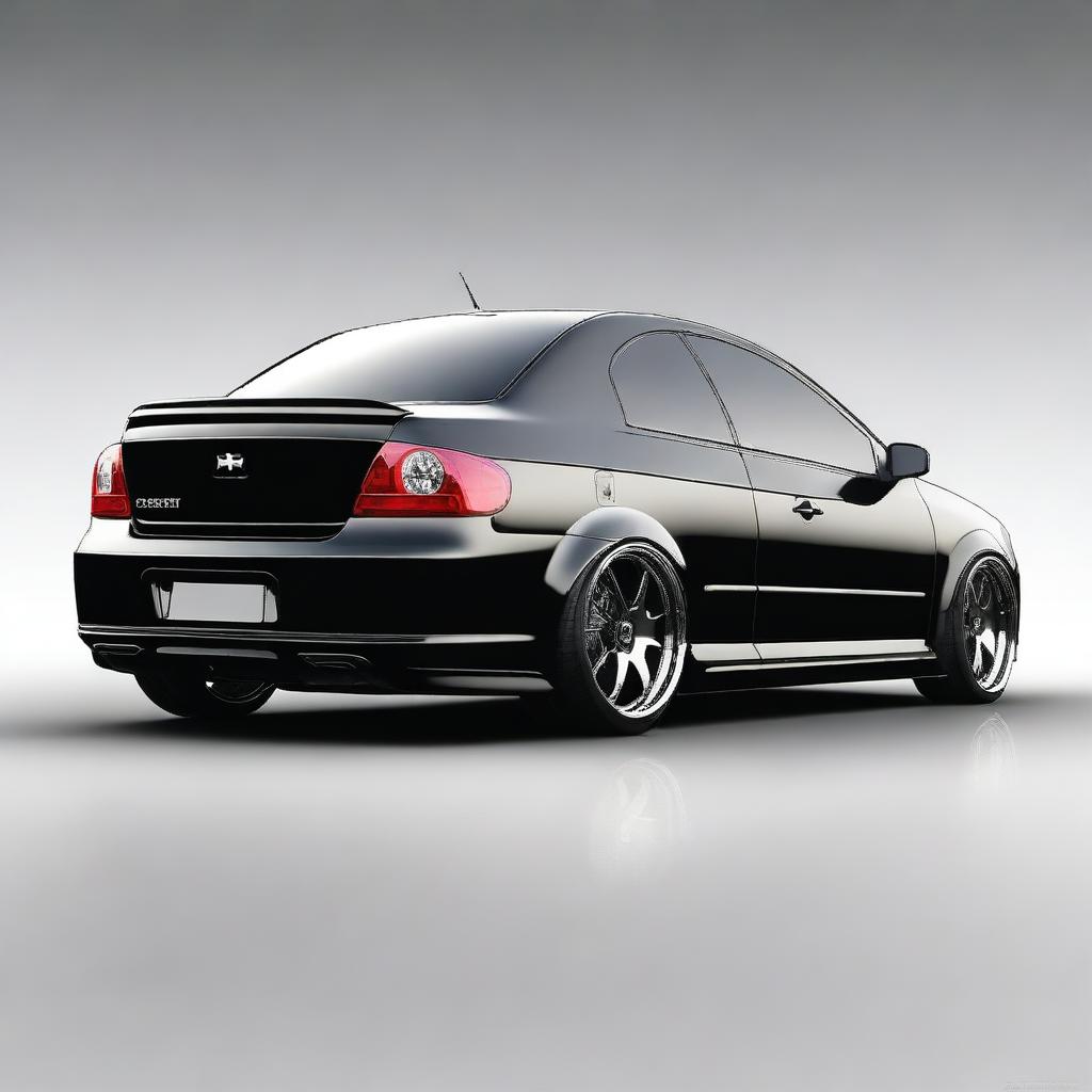 A high-quality digital render of a 2003 Chevrolet Celta, modified with a widebody kit and painted in a sleek black color