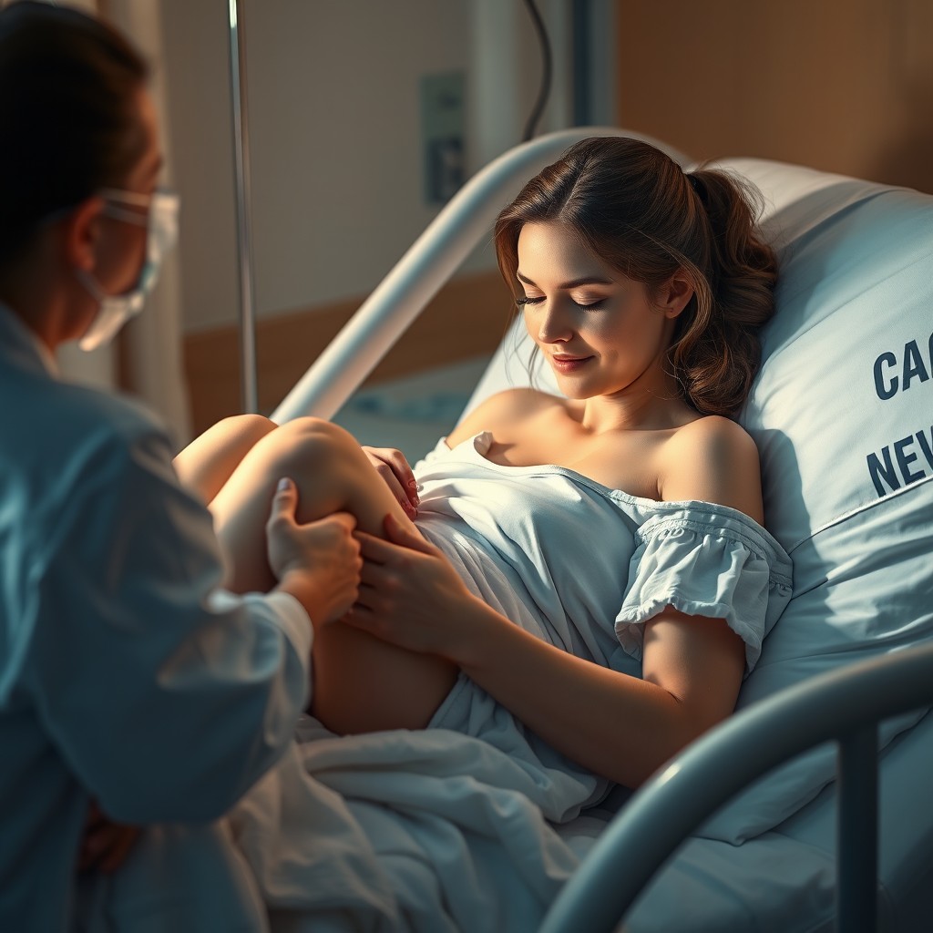 A serene and respectful artistic depiction of an 18-year-old woman in a birthing setting, lying comfortably on a hospital bed, with her legs in a natural position as she is experiencing childbirth