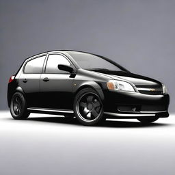 A high-quality digital render of a 2003 Chevrolet Celta, modified with a widebody kit and painted in a sleek black color