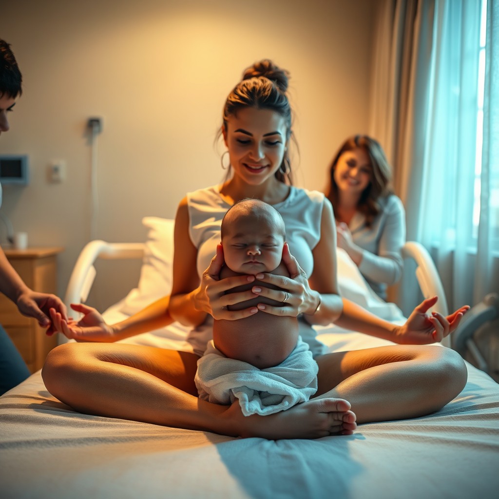 A front view of an 18-year-old woman in a birthing room, giving birth in a serene and calm atmosphere