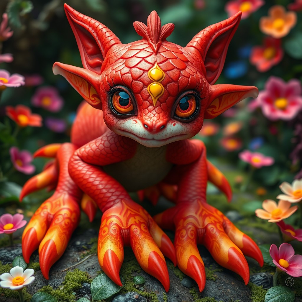 A fantastical animal with scaled red skin, vivid orange eyes, and striking orange webbed feet adorned with yellow toes