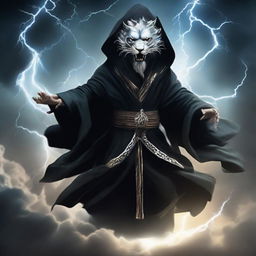 Mysterious figure named Ki Singalodra, with face obscured by a black mask, wearing a hooded robe adorned with silver lion stripes, soaring in the sky, brandishing claws made of lightning.