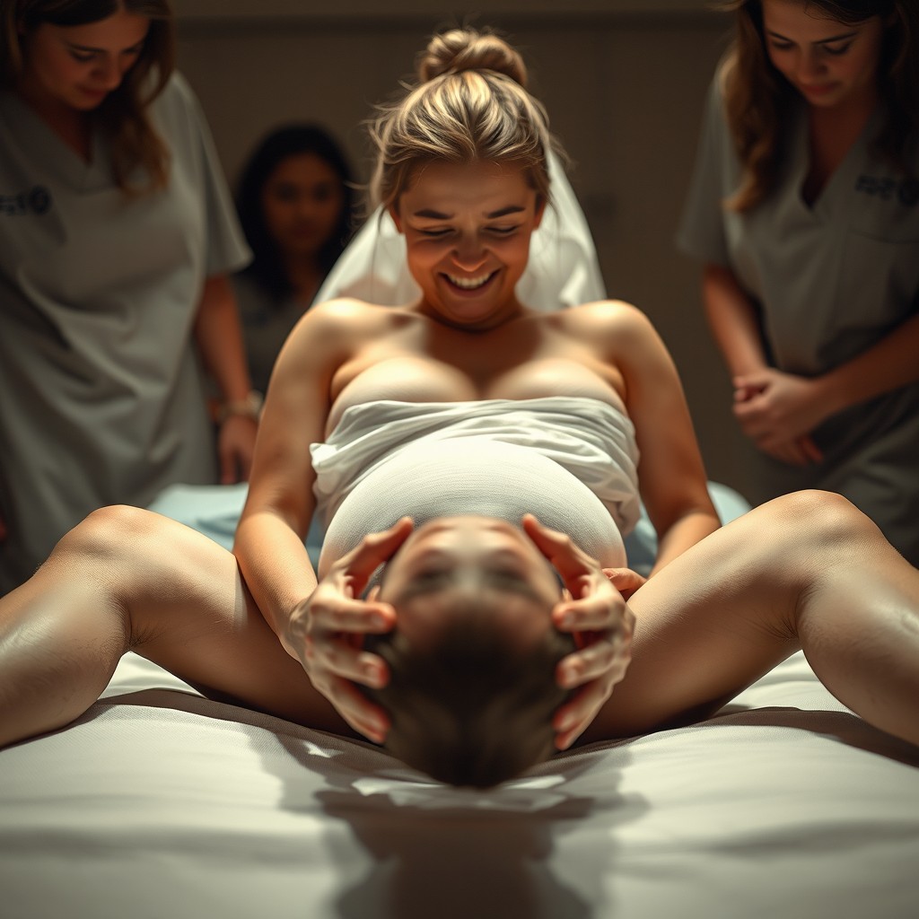 A front view of an 18-year-old woman giving birth, showcasing the moment with a focus on determination and strength