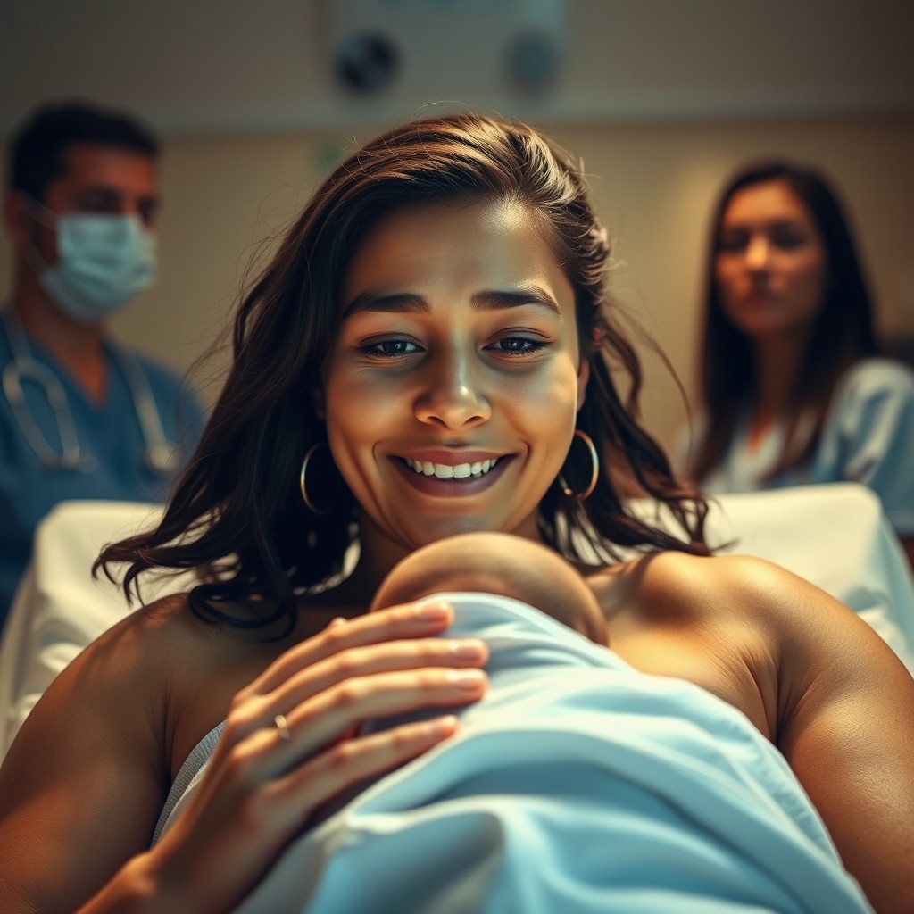 A powerful and emotional scene depicting an 18-year-old woman in a front view, giving birth in a hospital setting, with a focus on the head of the baby emerging