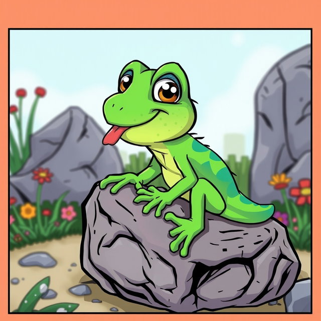A playful comic illustration of a vibrant lizard sitting on a rock, licking it affectionately