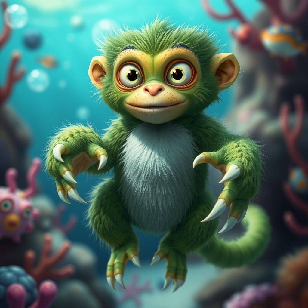 A fantastical creature resembling a sea monkey with forest green skin and a whimsical design