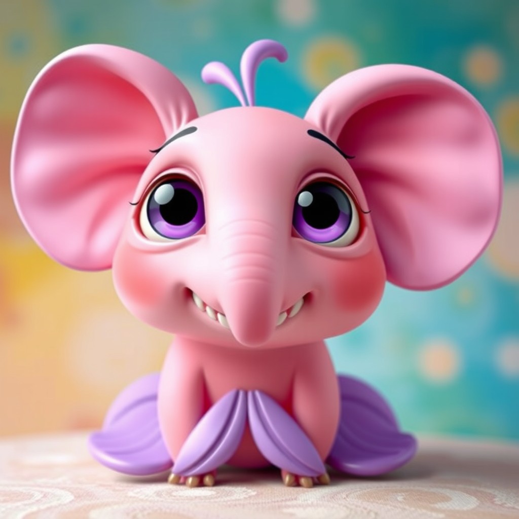 An imaginative creature with soft pink skin, large expressive purple eyes, and floppy lilac elephant ears