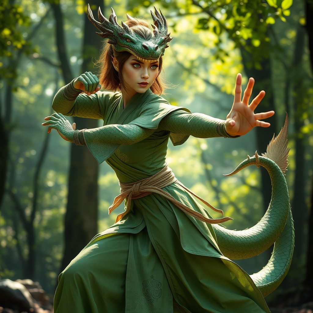 A powerful female green dragonborn monk in a martial arts pose, her scales shimmering in shades of green; her physique is strong and agile, showcasing her dedication to her training