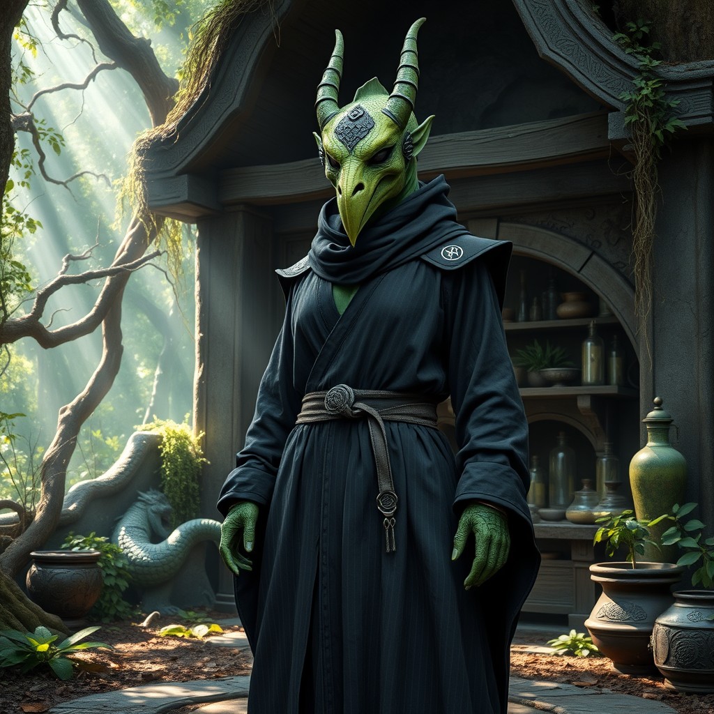 An intriguing female green dragonborn monk styled as a plague doctor, standing confidently in a mystical setting