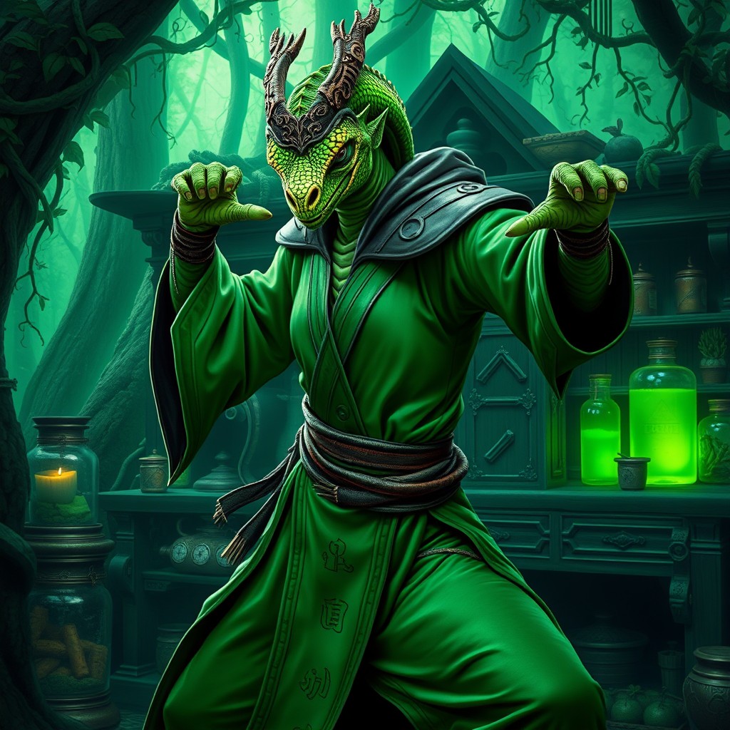 A captivating female green dragonborn monk portrayed as a plague doctor, poised in a dynamic martial arts stance
