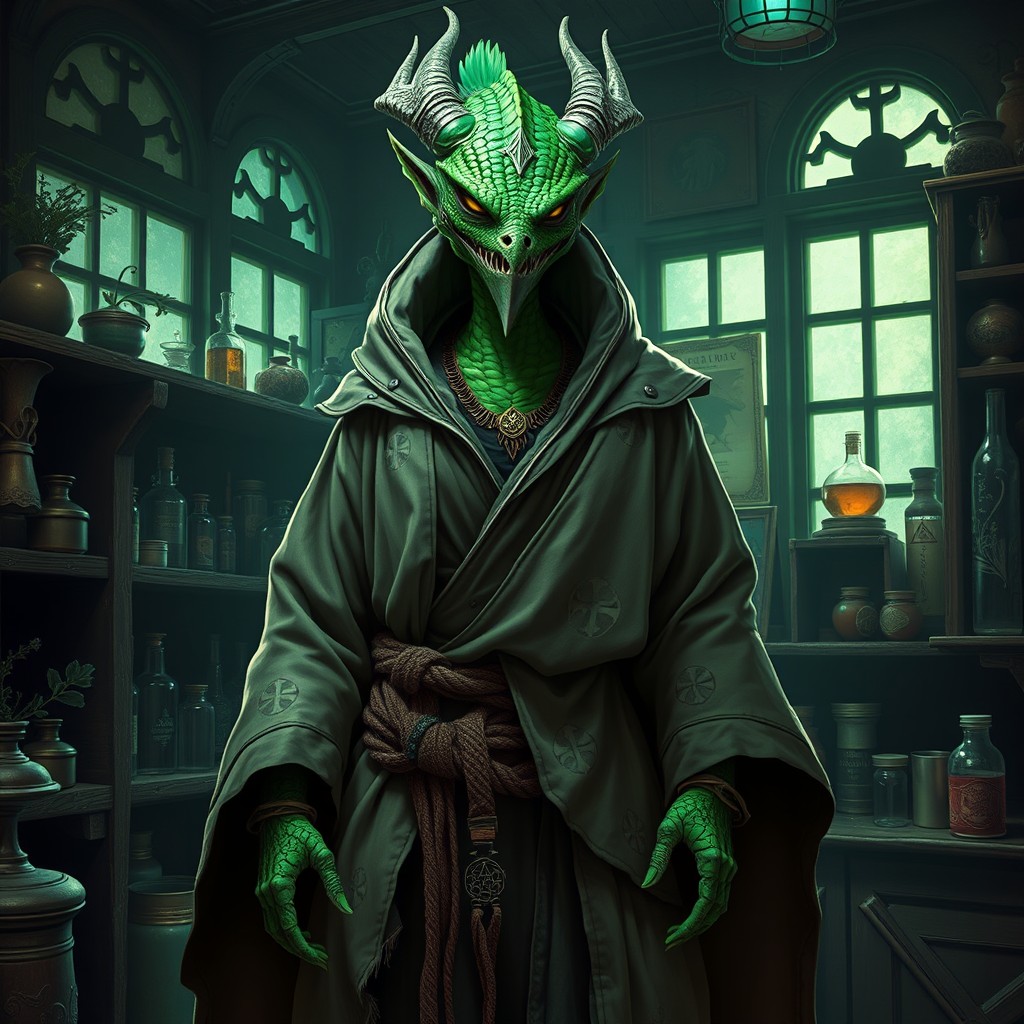 A striking female green dragonborn monk depicted as a plague doctor, maintaining a balance between her martial prowess and her role as a healer