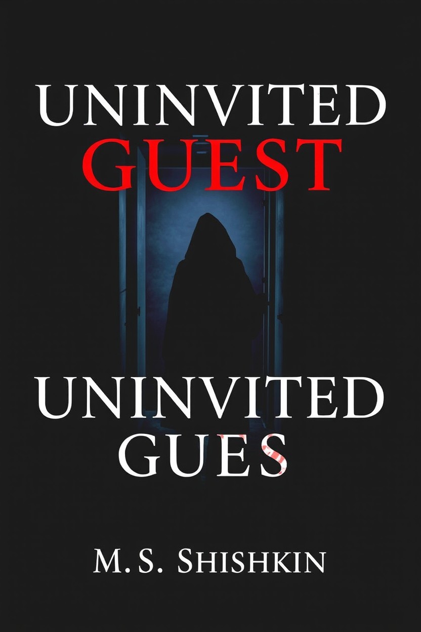 A dark hallway with an slightly open door, through which stands the dark silhouette of a woman in a cloak