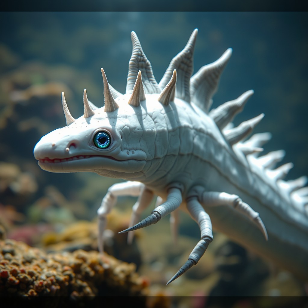 An imaginative creature resembling an eel, featuring a lustrous white body adorned with numerous centipede-like legs