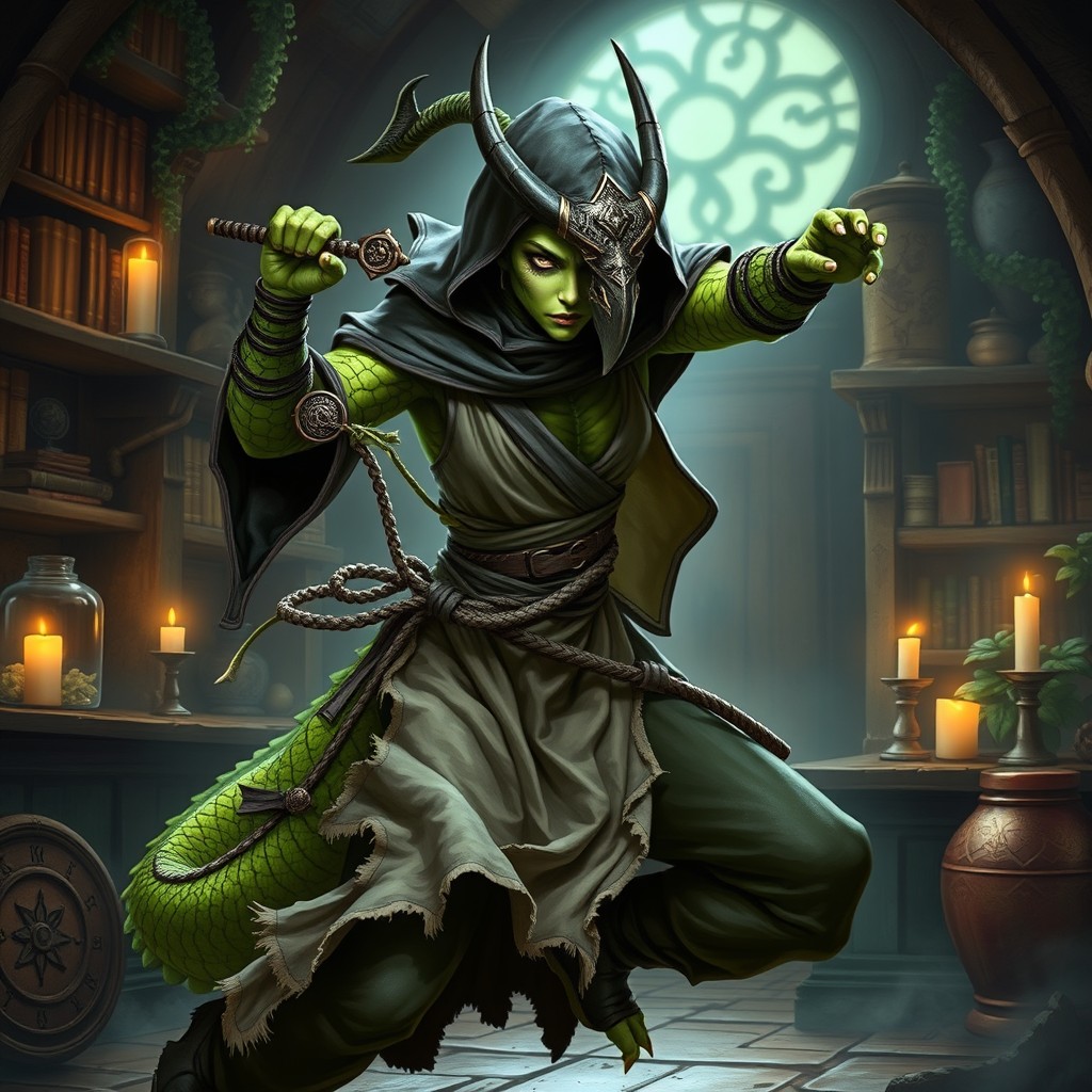 A striking female green dragonborn monk embodied as a plague doctor, depicted in an action pose that showcases her agility and strength