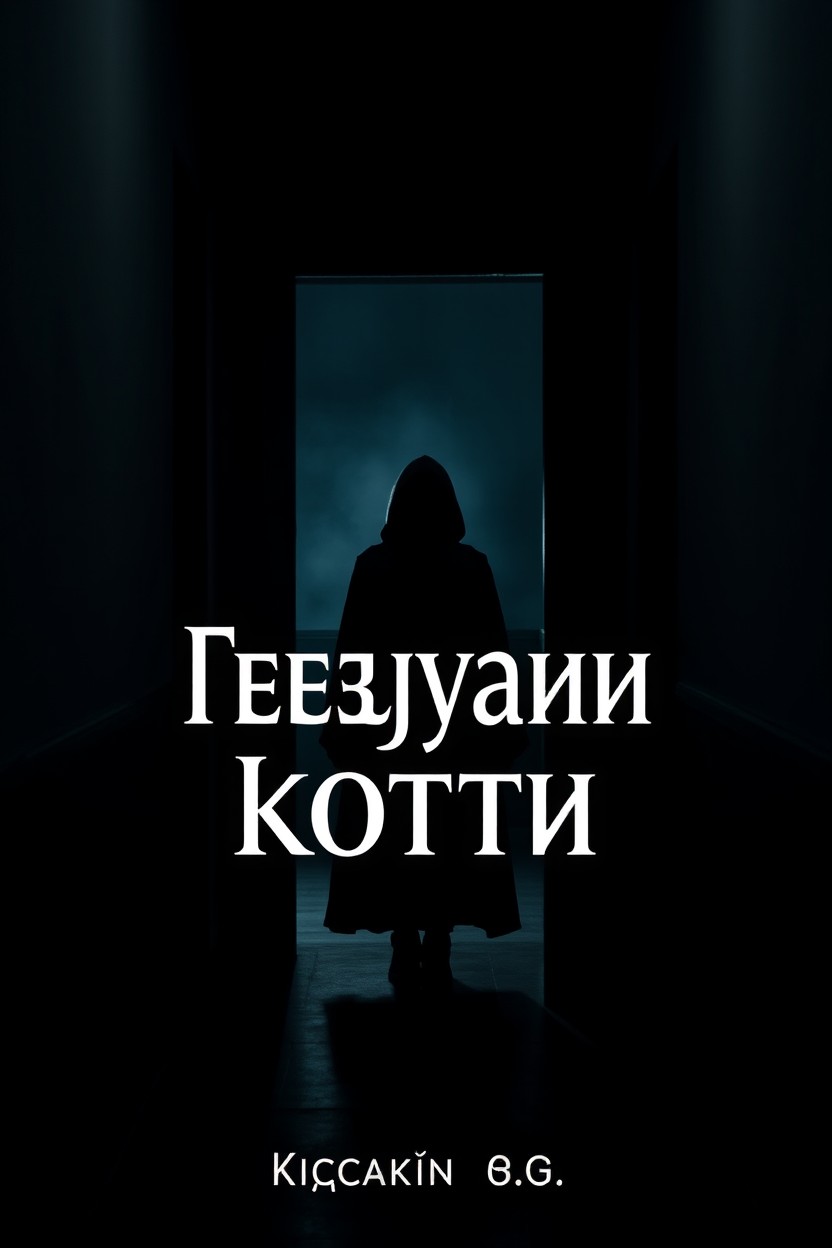 A dark hallway featuring a slightly ajar door, within the doorway stands a shadowy silhouette of a woman wearing a cloak