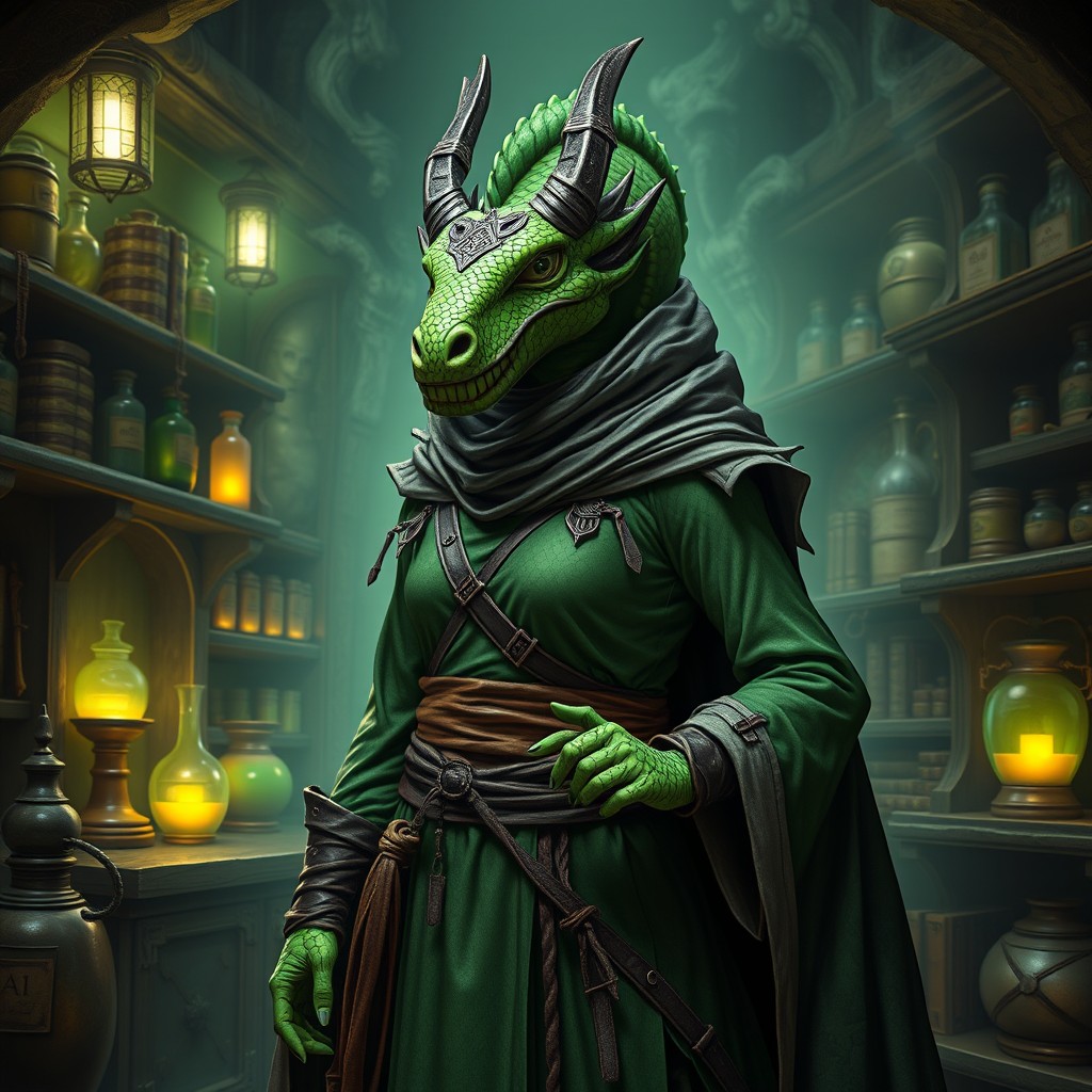 A striking female green dragonborn monk depicted as a plague doctor in a dramatic pose