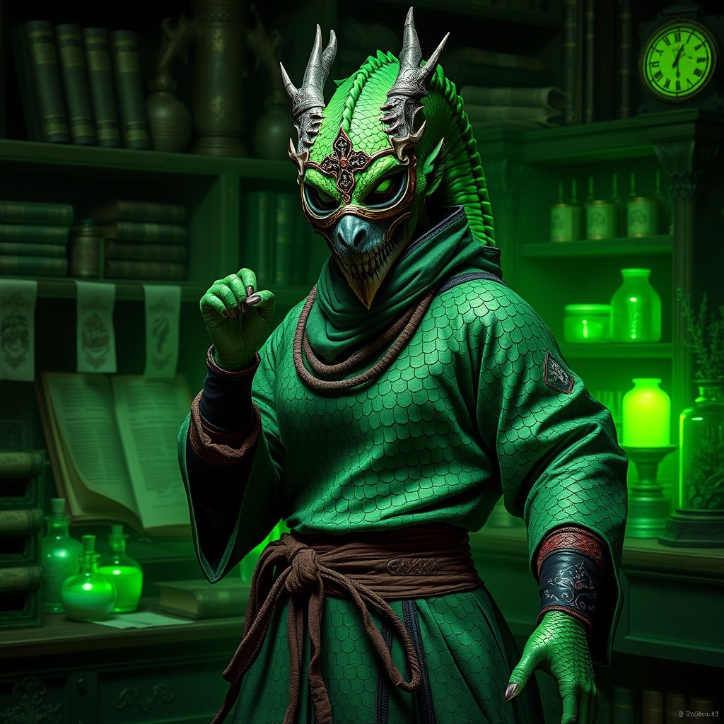 A captivating female green dragonborn monk portrayed as a plague doctor, standing in a dynamic yet graceful pose