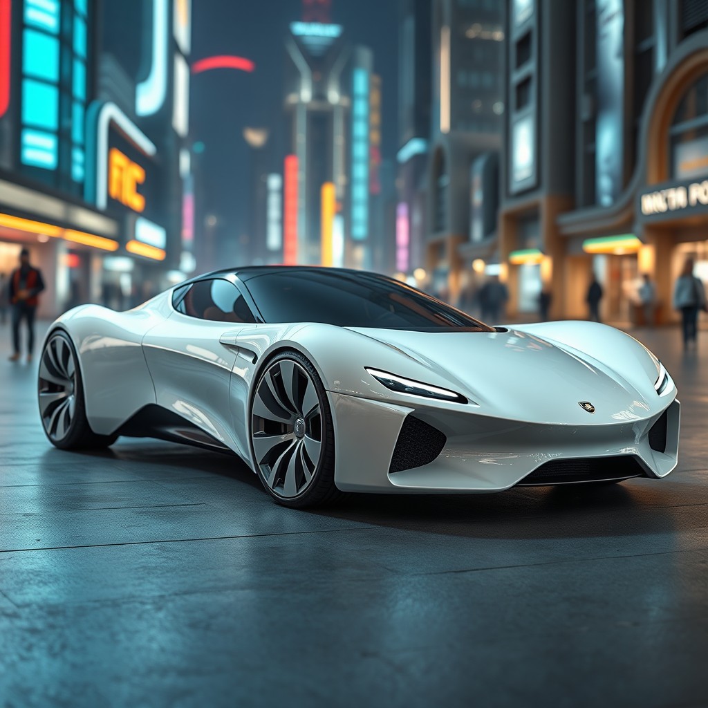 A sleek, futuristic white sports car featuring a streamlined design