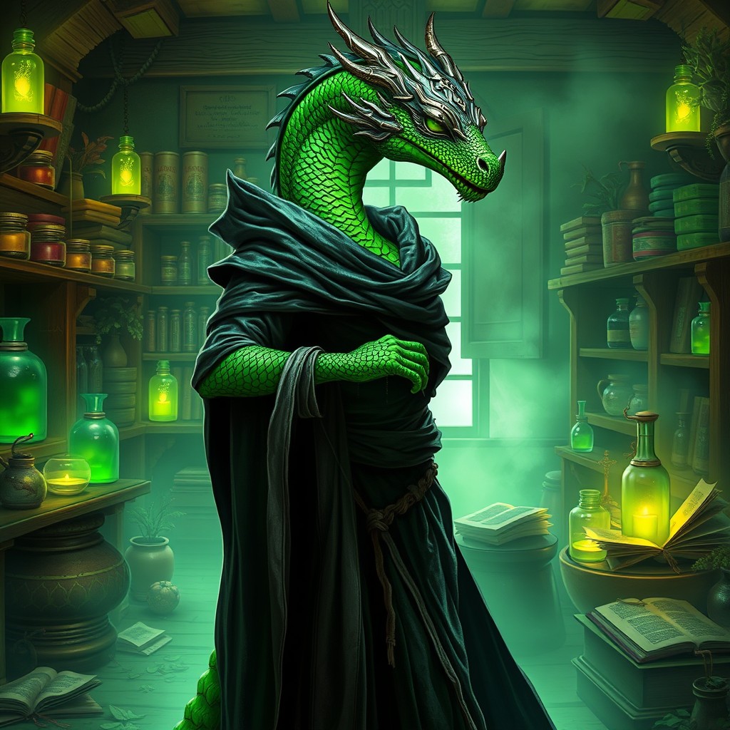 A captivating female green dragonborn monk styled as a plague doctor, elegantly posed in a serene yet powerful stance