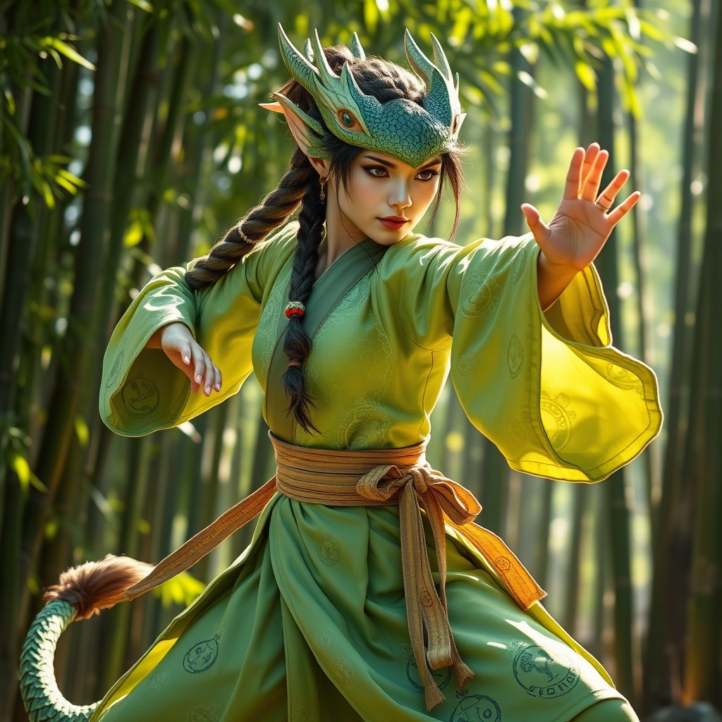 A stunning female green dragonborn monk poised in a dynamic martial arts stance, exuding grace and strength