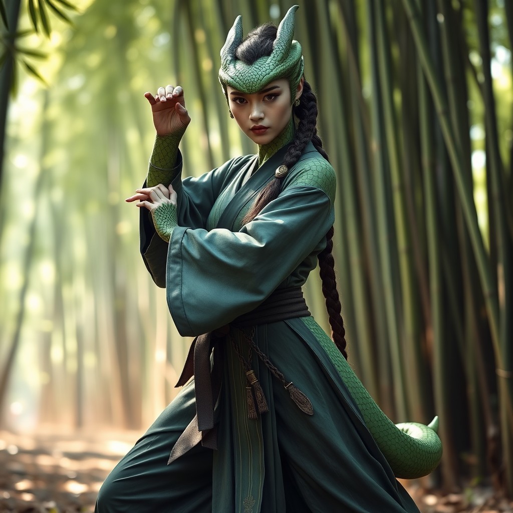 A striking female green dragonborn monk standing confidently in a martial arts stance, showcasing her strength and grace