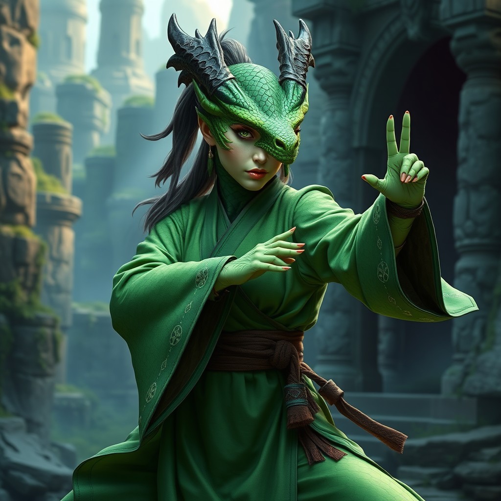 A majestic female green dragonborn monk from Dungeons & Dragons, standing confidently in a striking martial arts pose