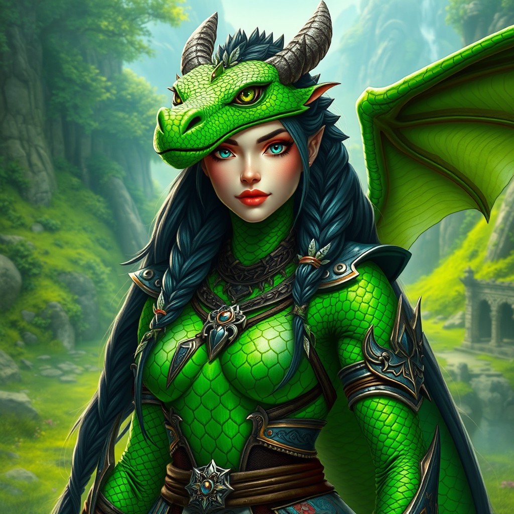A magnificent female green dragonborn standing proudly, showcasing her formidable presence