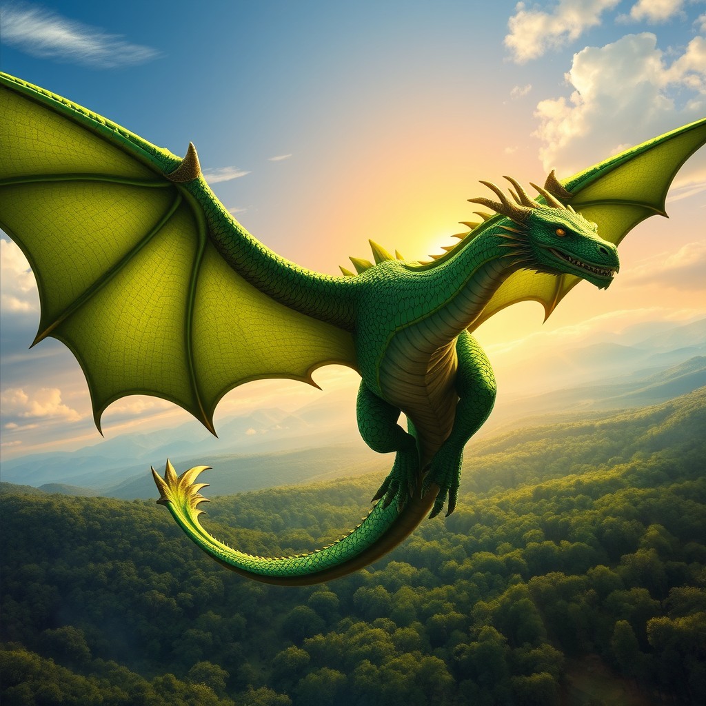 A powerful and magnificent female green dragon from Dungeons & Dragons, depicted in a dramatic pose soaring above a lush, verdant landscape