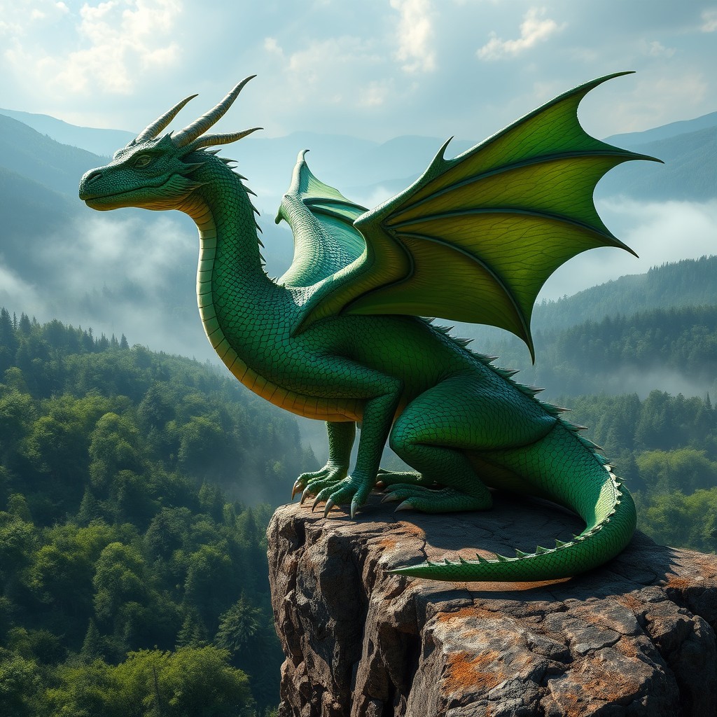 A stunning female green dragon from Dungeons & Dragons, depicted in an awe-inspiring scene as she perches atop a rocky cliff overlooking a dense, enchanted forest