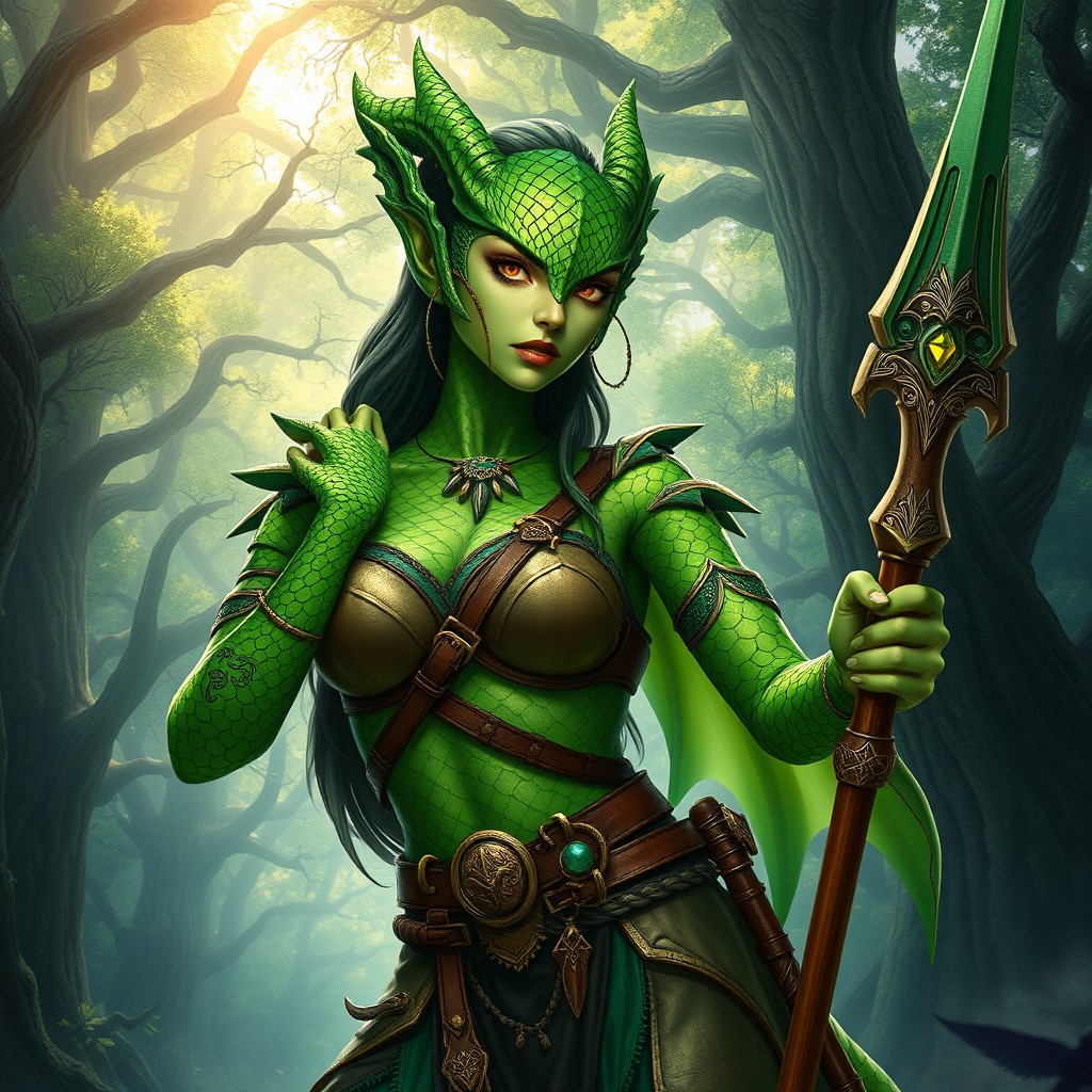 A striking female green dragonborn character from Dungeons & Dragons, portrayed in a vibrant, dynamic pose that exudes confidence and strength