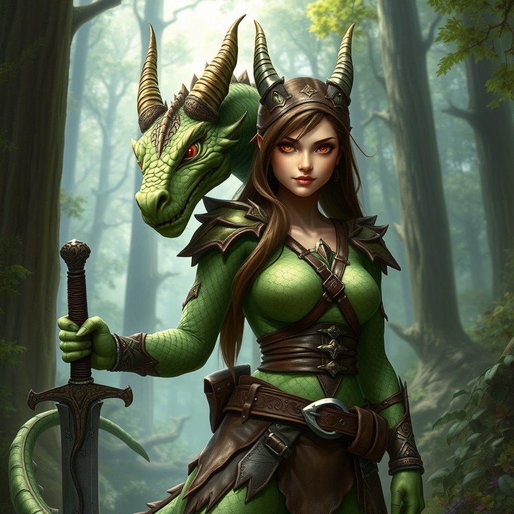 A fierce and captivating female green dragonborn character from Dungeons & Dragons, standing confidently in a mystical forest setting
