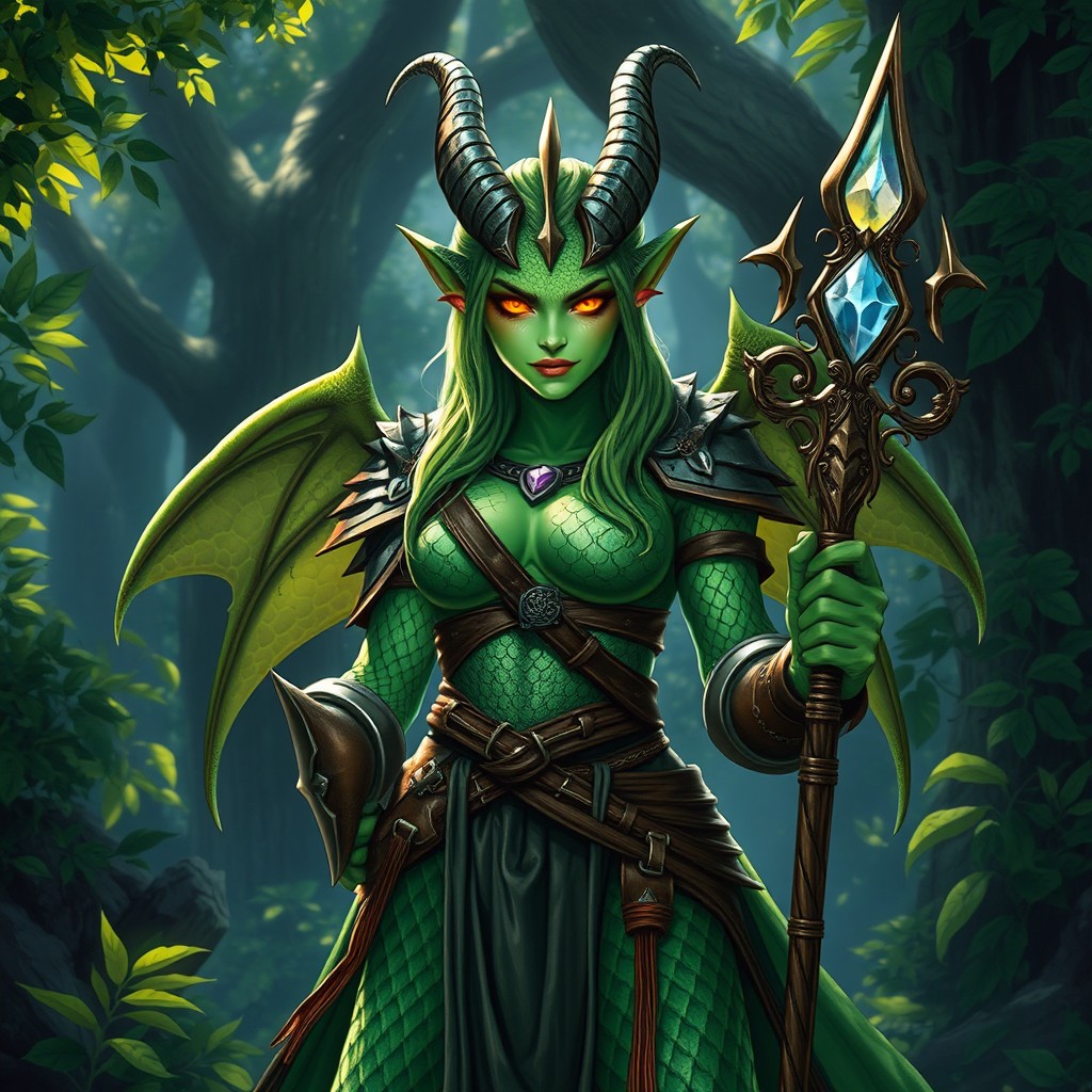 An impressive female green dragonborn character from Dungeons & Dragons, standing boldly in a lush, mystical forest
