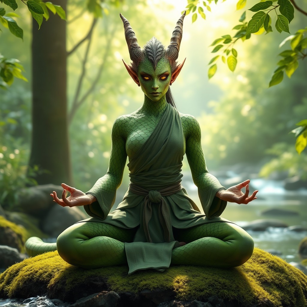 A powerful female green dragonborn monk character from Dungeons & Dragons, depicted in a serene meditation pose within a tranquil forest environment