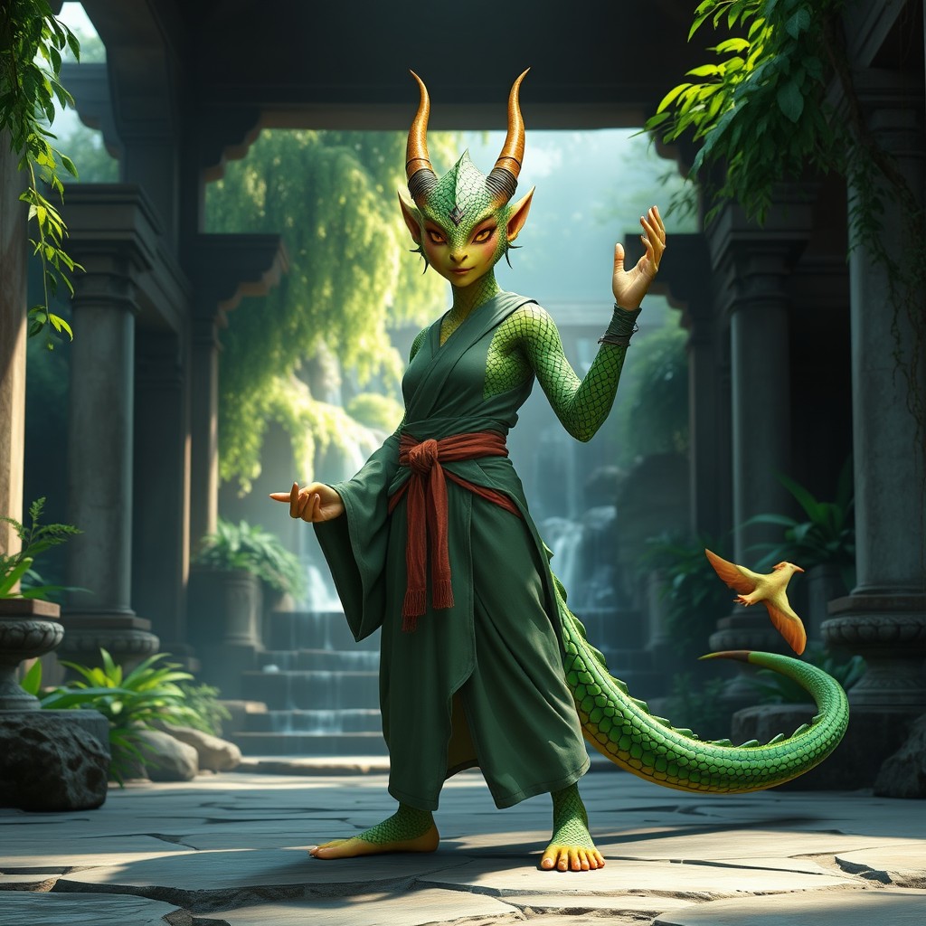A strong and graceful female green dragonborn monk character from Dungeons & Dragons, depicted in a meditative stance within an ancient, serene temple setting surrounded by nature