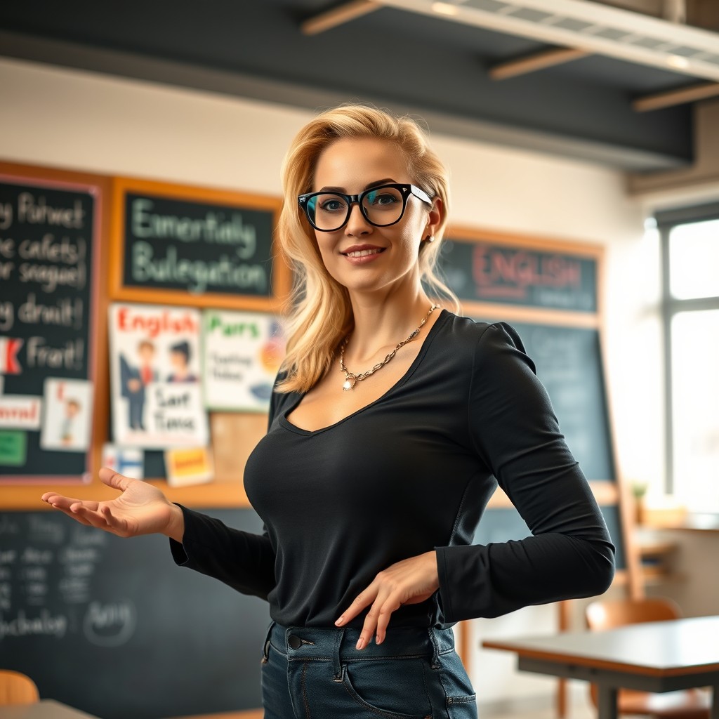 A buxom blonde woman with Hollywood glam hair and stylish eyeglasses, standing confidently in a bright classroom