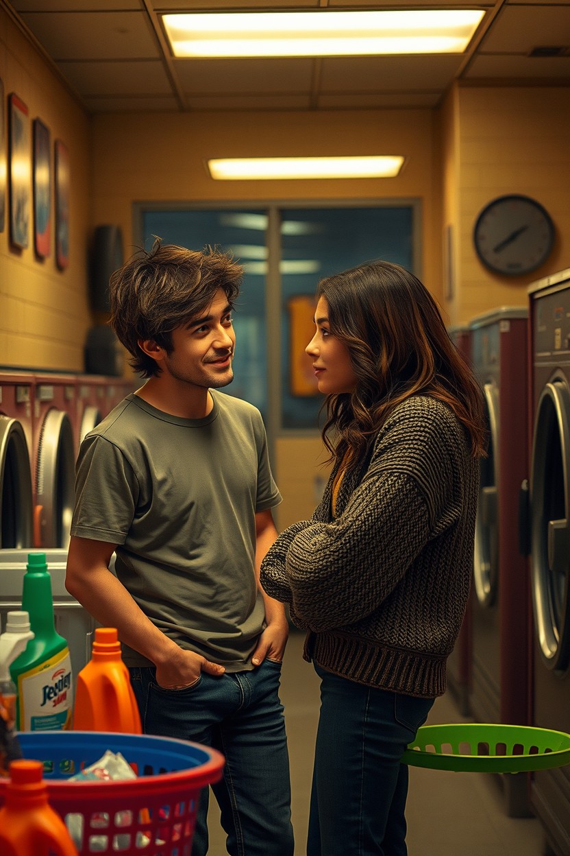 A cozy laundromat scene at night, with two strangers meeting for the first time