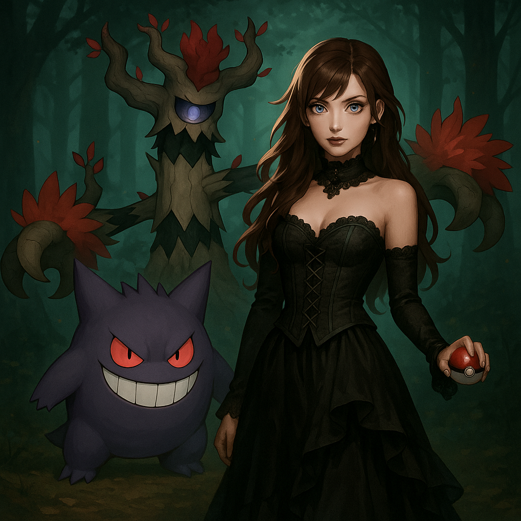 Pokemon trainer girl in goth outfit brown hair blue eyes with a gengar beside her and trevenant behind her