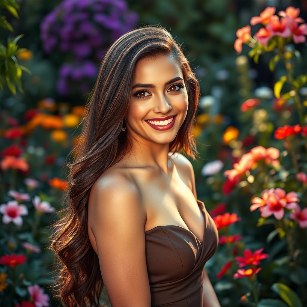 A stunning portrait of a woman named Gabriela Moura, portraying her with long, flowing brunette hair, bright hazel eyes, and a radiant smile
