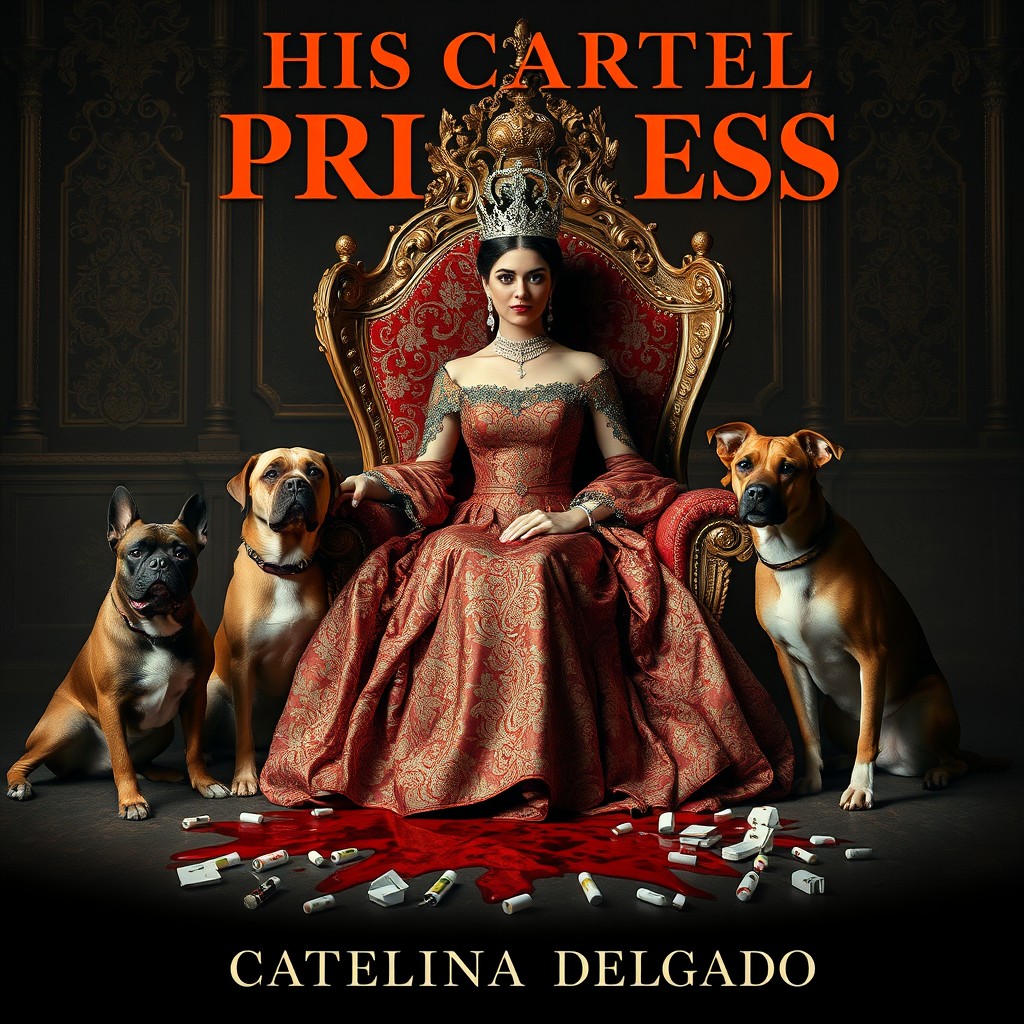 A regal Spanish princess elegantly sitting on an ornate throne, adorned in a lavish gown with intricate patterns