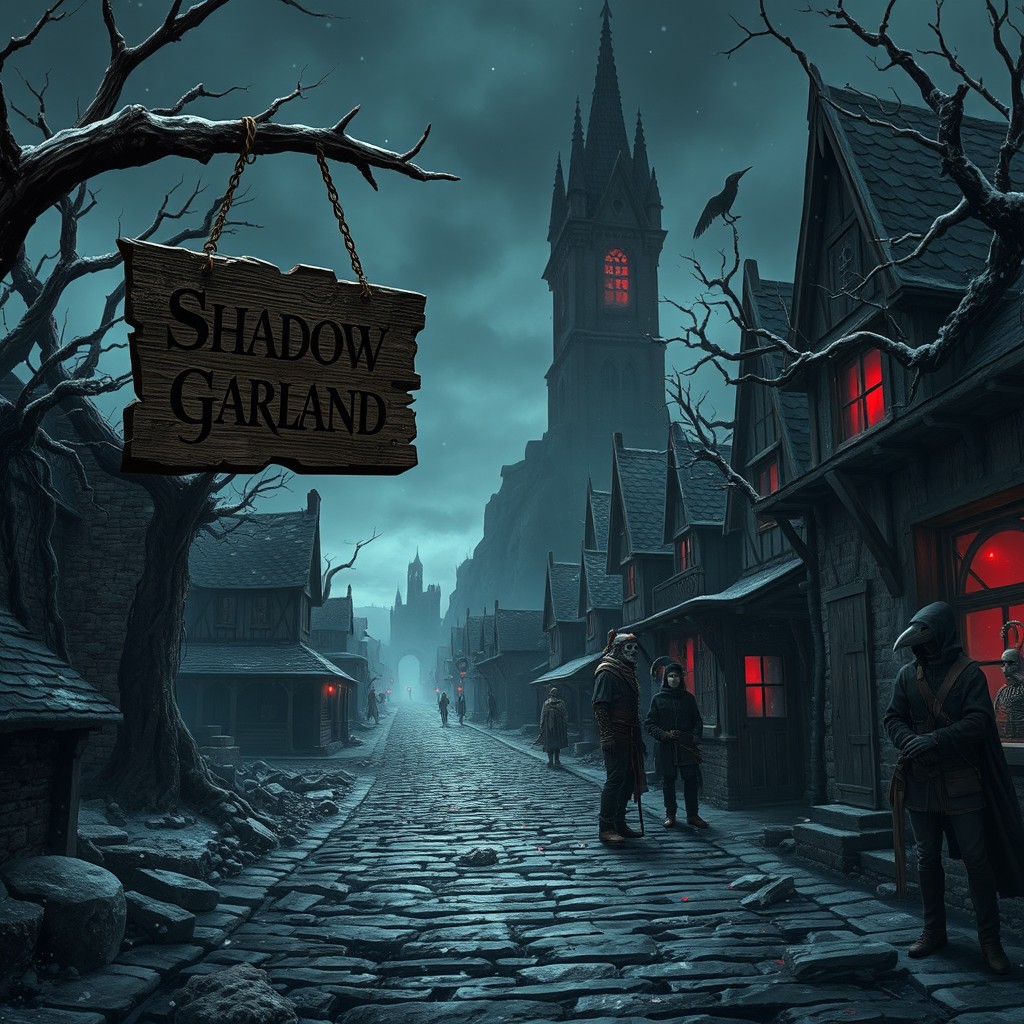 A wide, gloomy view of Shadow Garland, a ruined village enveloped in eternal twilight