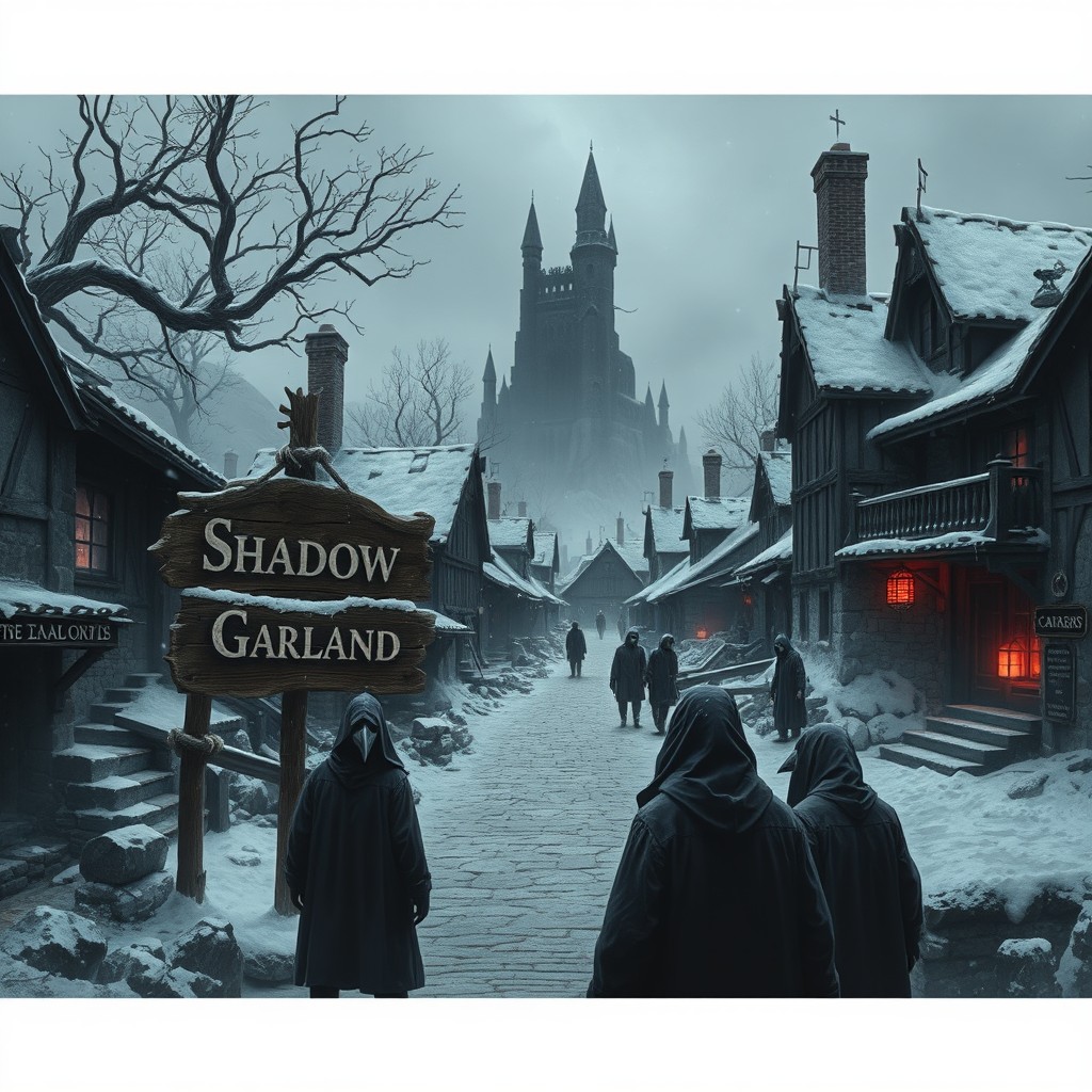 A wide, gloomy view of Shadow Garland: a ruined village under eternal twilight