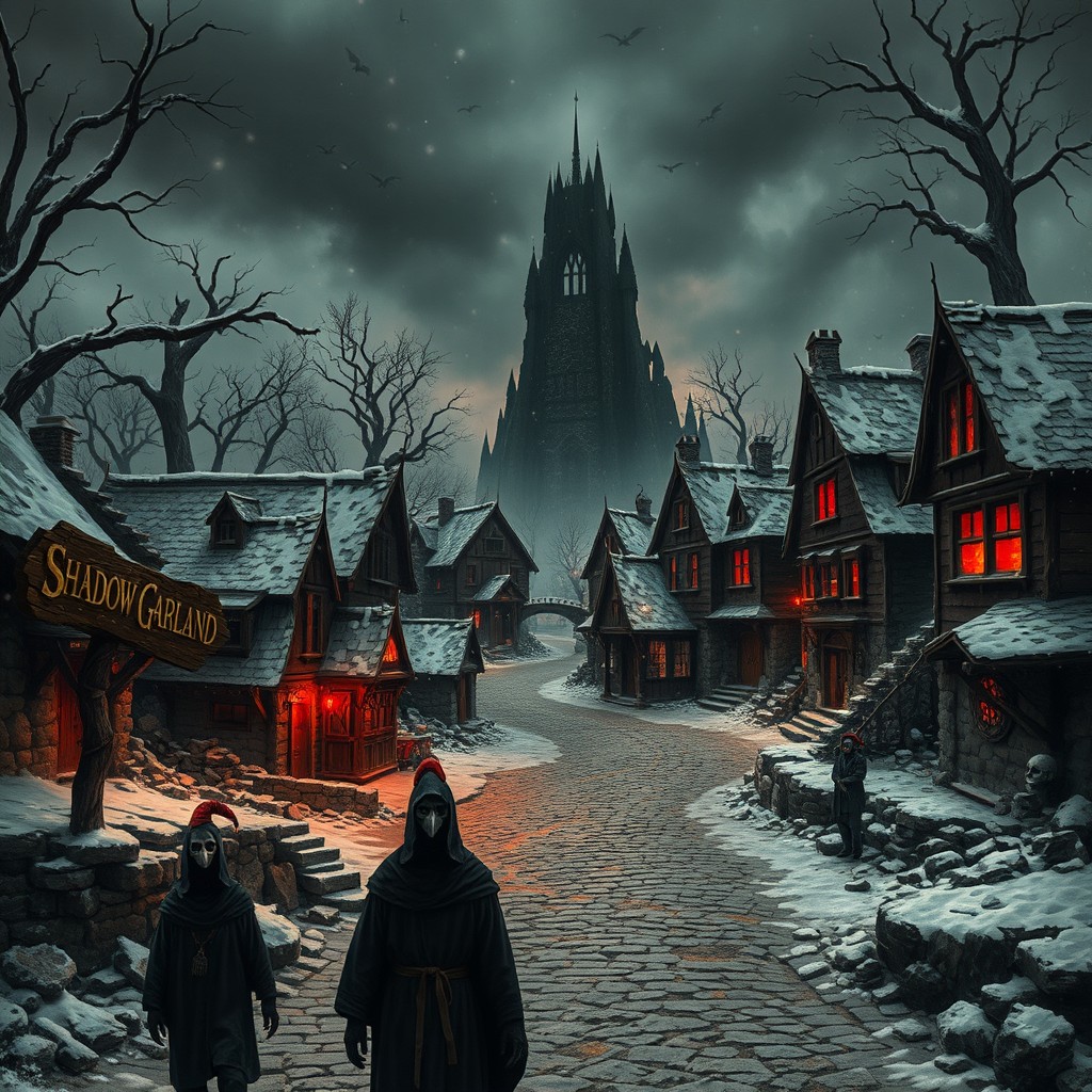 A wide, gloomy view of Shadow Garland: a ruined village under eternal twilight