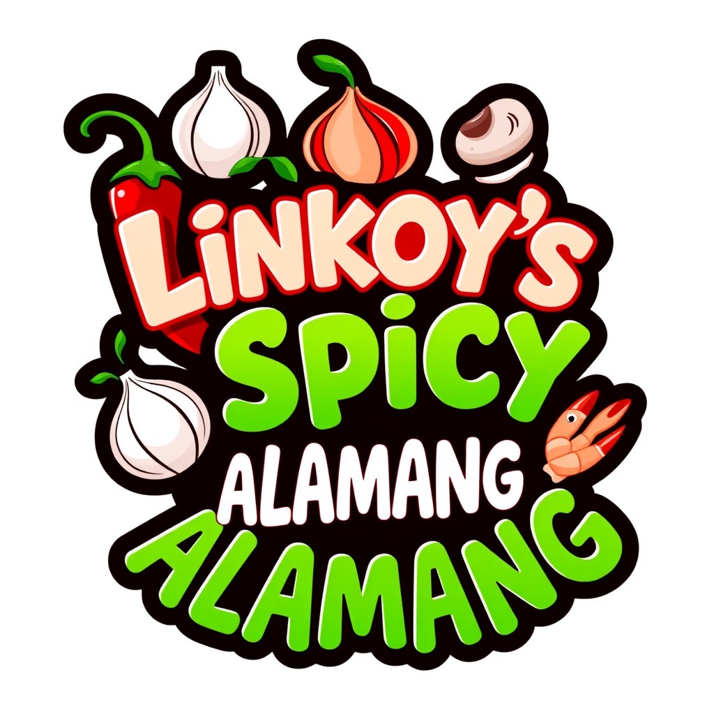 A vibrant and enticing logo for 'Linkoy's Spicy Alamang', featuring a playful and colorful design