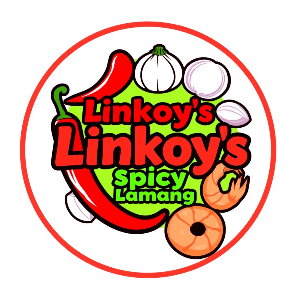 An attractive and catchy circular logo for 'Linkoy's Spicy Alamang'