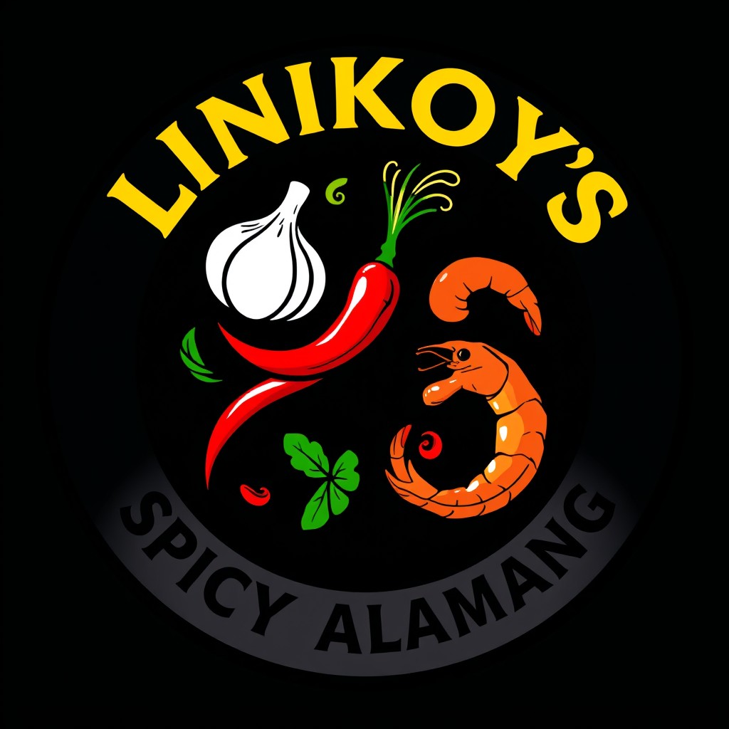 A circular logo design for a business named 'Linkoy's Spicy Alamang'