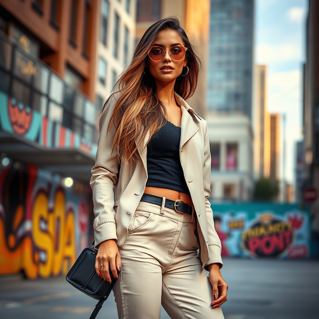 A stylish and fashionable woman, confidently standing in a modern urban environment