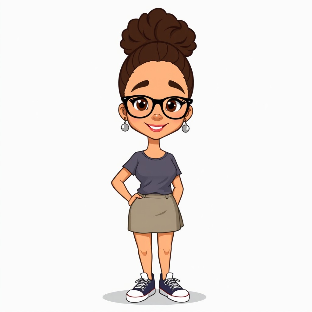 An animated illustration of a 37-year-old Dominican woman with fair skin, brown eyes, and brown curly hair styled in a high bun